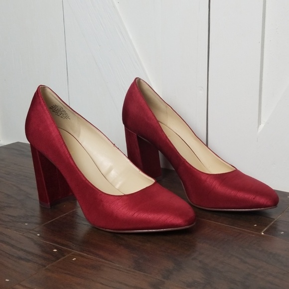 red satin block heels